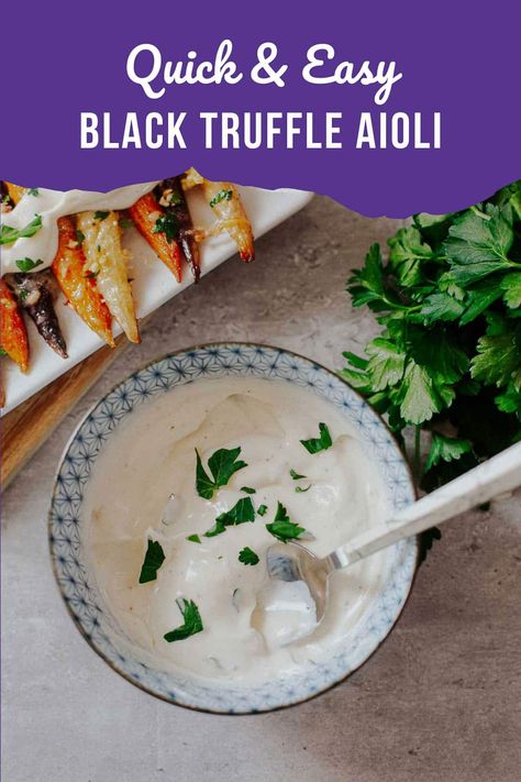 This black truffle aioli recipe is quick, easy and just what you need to elevate your favorite savory foods! Try it with garlic parmesan fries, roasted carrots, burgers, or even your favorite salad! Black Truffle Aioli Recipe, Truffle Mayo Recipe, Truffle Aioli Recipe, Black Truffle Recipe, Assyrian Recipes, Aioli Sauce Recipe, Truffle Aioli, Truffle Oil Recipes, Garlic Parmesan Fries