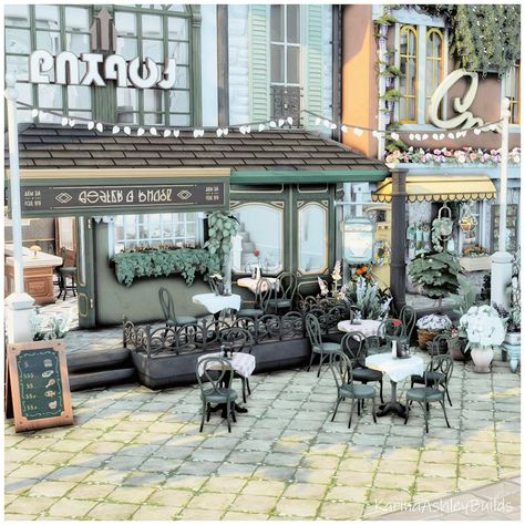 Little Bistro Street. #ad #eapartner Library, Bistro, café, flower shop and apartment above the flower shop. 30x20 $194,886 Disclaimer: Thanks to the #eacreatornetwork I receive free codes and early access to the sims4. I am not being paid to create any content unless otherwise stated. Game: @thesims @ea Gallery ID: KarinaAshleyYT – You can also search ”#KarinaAshley” or download trayfiles here: https://ko-fi.com/s/cc965b9640 𝙀𝙭𝙥𝙖𝙣𝙨𝙞𝙤𝙣 𝙥𝙖𝙘𝙠𝙨 𝙪𝙨𝙚𝙙: For Rent Horse Ranch Growing Togethe... Sims 4 Cafe Layout, Sims 4 Bistro, Sims 4 Cafe, Patio Cozy, Study Cafe, Save File, Sims House Plans, Horse Ranch, Sims House