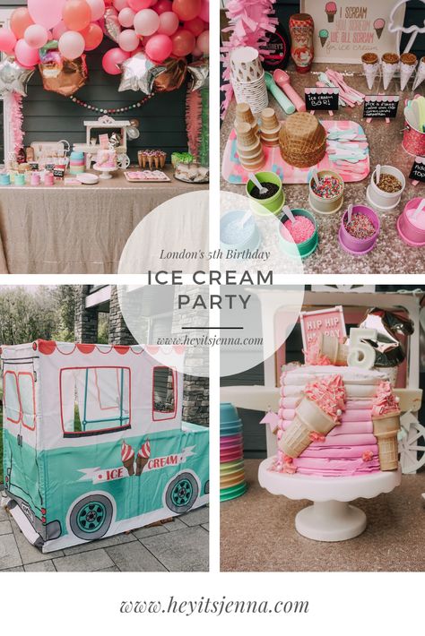 A peek inside London's 5th birthday party: Ice Cream Shoppe theme! Complete with ice cream games, a DIY Ice cream bar with a ton of sprinkles, ice cream cone cupcakes, and a fun balloon garland! Cupcake Ice Cream Theme, Ice Cream Theme Balloon Arch, Ice Cream Truck Party Ideas, Ice Cream 5th Birthday Party, Ice Cream Shoppe Birthday Party, Ice Cream Birthday Party Centerpieces, Ice Cream 4th Birthday Party, I’ve Cream Birthday Party, Sundae Funday Birthday Party