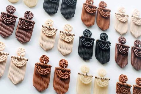 Polymer Clay And Macrame, Polymer Clay Macrame, Macrame And Clay Earrings, Macrame Clay Earrings, Macrame Polymer Clay Earrings, Clay Earrings With Charms, Polymer Clay Wall Decor, Clay And Bead Earrings, Clay Macrame