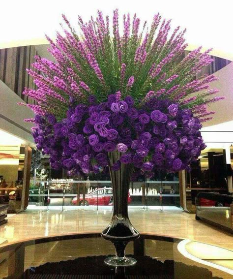 Liatris Flower Arrangement, Lobby Floral Arrangements, Lobby Flower Arrangement, Hotel Lobby Flowers, Lobby Flowers, Purple Centerpiece, Hotel Flower Arrangements, Purple Centerpieces, Hotel Flowers