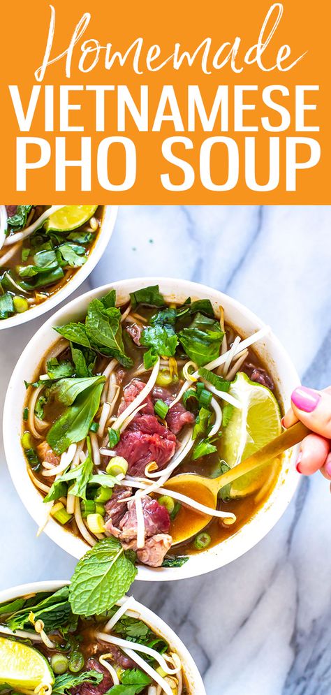 This Americanized take on Vietnamese pho soup combines ingredients you can find in your pantry at home for a delicious soup with rice noodles, beef and fresh herbs #Pho #soup #beef Pho Recipe Easy, Homemade Pho, Pho Soup Recipe, Soup Beef, Vietnamese Pho, Pho Recipe, Pho Soup, Beef Noodle Soup, Beef And Noodles