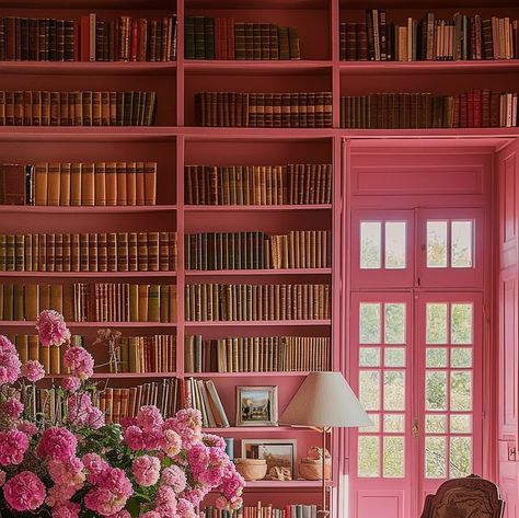 JEN CONNELL | Interiors & Lifestyle on Instagram: "Pink library, anyone? 🩷 📖 

I’d happily hang out here forever..

#interiordesign #pink #pinkaesthetic #library #booklover #ai #aiart" Pink Home Library, Pink Library Room, Pink Library, Penthouse Library, Library Pink Aesthetic, Pink Aesthetic Bookshelf, Rose Reading Room Nyc, Pink Bookstore Aesthetic, Cool Girl Rooms