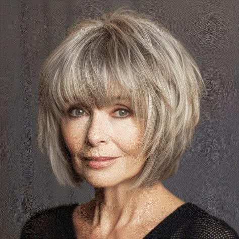 Haircuts For Thinning Fine Hair With Bangs, Smooth Bob Hairstyles, Layered Bob For Thick Hair Over 50, Layered Hair Styles Short, Hairstyles With Full Bangs, Medium Length Bob With Layers And Bangs, Short Layered Hair Choppy Shag Hairstyles Medium, Short Length Haircut With Bangs, Short Bob Haircuts With Layers Fine Hair