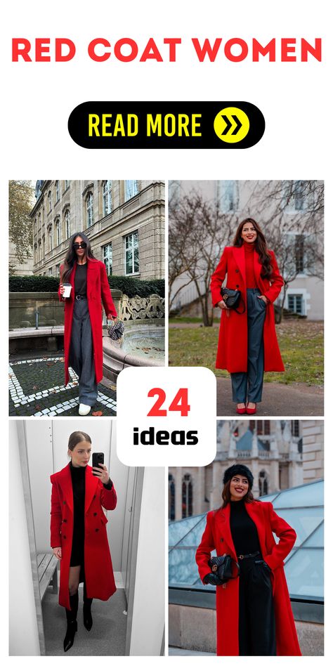 Dress Outfits 2024: Unveiling the Year's Most Stylish and Versatile Trends Scarf For Red Coat, Women Long Coat Outfits, Red Coat Christmas Outfit, Red Peacoat Outfit Winter, Red Coat Styling, Red Pea Coat Outfit, Red Coat Aesthetic, Red Coat Outfit Winter Classy, Red Wool Coat Outfit