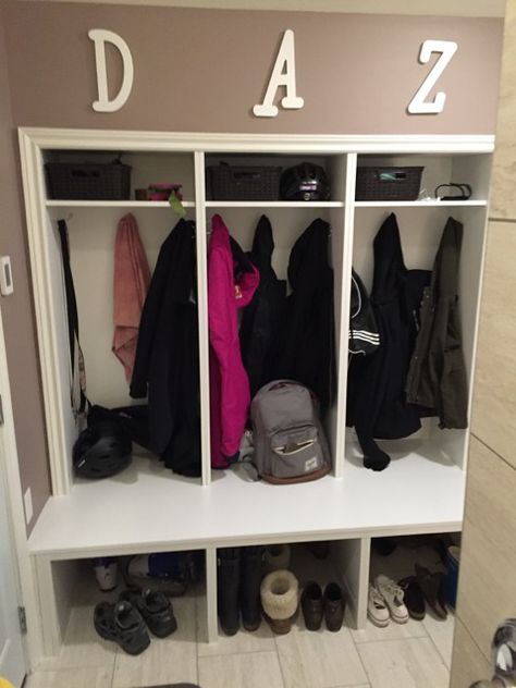 Large Mudroom Lockers with Bench hacked from the IKEA BESTÅ range Mudroom Lockers With Bench, Lockers With Bench, Ikea Lockers, Large Mudroom, Garage Lockers, School Bag Storage, Kids Locker, Billy Bookcases, Mudroom Lockers