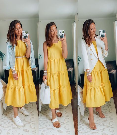 Yellow Dress With Blazer, Yellow Dress And Blazer, Sleeveless Yellow Dress, Yellow Dress Casual Outfit, Yellow Sleeveless Dress, Yellow Tiered Dress, Yellow Sun Dress Outfit, Maxi Tiered Dress, How To Style Yellow Dress