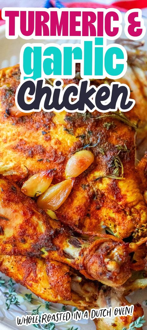 Garlic Turmeric Roasted Chicken - main dishes #maindishes Tumeric Chicken Recipes, Recipes Using Turmeric, Garlic Chicken Crockpot, Chicken Thighs In Oven, Cooking With Turmeric, Roasted Garlic Chicken, Poultry Dishes, Turmeric Recipes, Whole Roasted Chicken