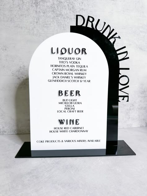 DETAILS: 3mm Acrylic Stand included Engraved Drink Menu.  Please know Liquor, Beer and Wine is cut out separate and attached as a 3D text in above example This bar sign in example is 13 in high x 11 in wide Fonts used:  Drunk in Love/Liquor/Beer/Wine - Brown Sugar Bar Menu Items - Alta Regular CUSTOMIZE: You can custom the background acrylic words on the side of arch - ie. Drunk in Love, Signature Drinks. A rendering will be send prior to production. Feel free to message me - I love custom order Open Bar Wedding Ideas, Wedding Wine Bar, Wedding Bar Signs, Acrylic Bar Sign, Wide Fonts, Bar Sign Wedding, Signature Drink Sign, Acrylic Bar, Beer Wedding