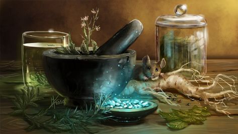 ArtStation - Potion ingredients, Magical Kaleidoscope Potion Ingredients, Four Seasons Art, D D Items, Forest Spirit, Seasons Art, Fantasy Artist, Mortar And Pestle, Painting Style, Fantasy Art