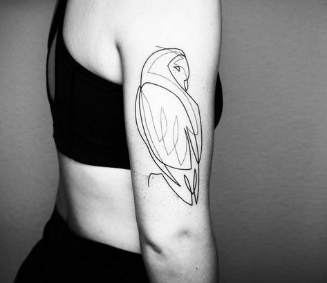 Owl tattoo by Mo Ganji One Line Owl Tattoo, Single Line Owl Tattoo, Minimalistic Owl Tattoo, Owl Line Art Tattoo, Skittle Tattoo, Owl Line Tattoo, Tenacious Tattoo, Simple Owl Tattoo Design, Barred Owl Tattoo