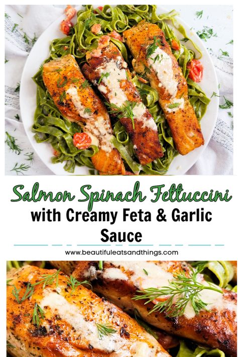 Salmon Spinach Fettuccini with Creamy Feta & Garlic Sauce Creamy Salmon Pasta, Lemon Garlic Salmon, Garlic Sauce Recipe, Salmon Spinach, Creamy Feta, Garlic Salmon, Salmon Seasoning, Salmon Pasta, Game Recipes