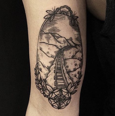 Ride the rails into the sunset with this tattoo by Sue Jeiven. #InkedMagazine #train #illustrative #tattoo #tattoos #Inked #art Feminine Train Tattoo, Crazy Train Tattoo, Dainty Train Tattoo, Railroad Tattoo Ideas, Train Tracks Tattoo, Train Tattoos For Women, Train Track Tattoo, Seattle Tattoos, Track Tattoo