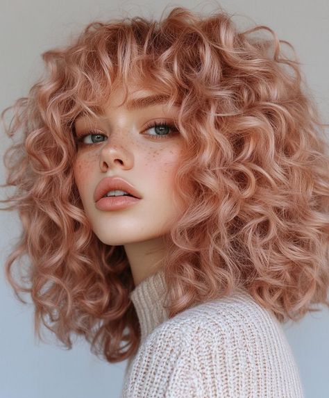 21 Short Curly Haircuts 2025 For Oval, Square And Round Faces With Bangs, Including Styles For Women Over 50 Pink Ombre Curly Hair, Curl Hair Colors Ideas, Cherry Blonde Hair Color, Pastel Rose Gold Hair, Rose Gold Curly Hair, Round Faces With Bangs, Cherry Blonde, Pixie Curls, Curly Pink Hair