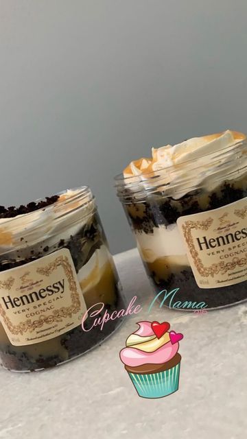 Cake Jars, Hennessy Cake, Carmel Cake, Liquor Cake, Whiskey Cake, Alcoholic Desserts, Cheesecake Cups, Dessert Packaging, Cake In A Jar