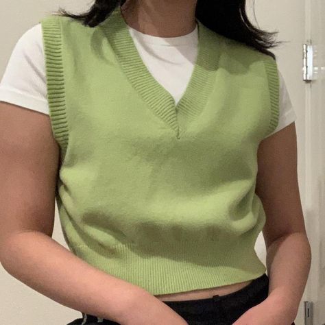 Green Cotton Crew Neck Sweater Vest, Green V-neck Sweater Vest For Winter, Green Fitted Sleeveless Sweater Vest, Casual Green V-neck Vest, Green Knit V-neck Sweater Vest, Lime Green Sweater, Green Sweater Vest, Sweater Vest Outfit, Green Sweater