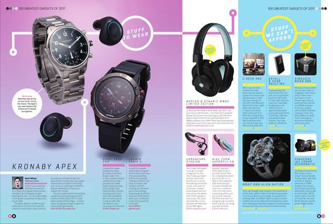 Cool tech spreads from Stuff (UK) magazine Technology Magazine Layout, Tech Magazine Layout Design, Tech Magazine Layout, Zine Style, Product Lookbook, Newspaper Design Layout, Technology Magazine, Magazine Layout Inspiration, Catalogue Layout