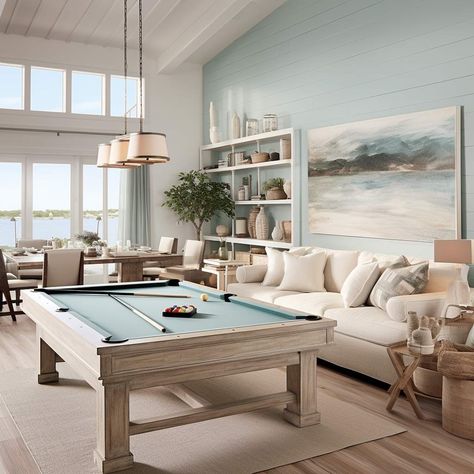 Coastal Game Room Ideas, Coastal Game Room, Beach House Game Room, Game Room Ideas For Adults, Room Ideas For Adults, Ideas For Basement, Modern Coastal Interior Design, Game Room Ideas, Basement Garage