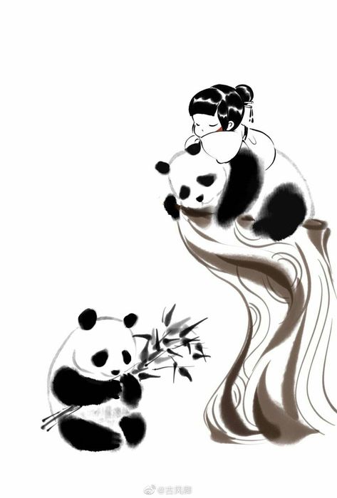 Panda Project, Drawing Panda, Chinese Drawing, Asian Quilts, Japanese Watercolor, Chinese Art Painting, Panda Love, Sumi E, Ink Illustrations