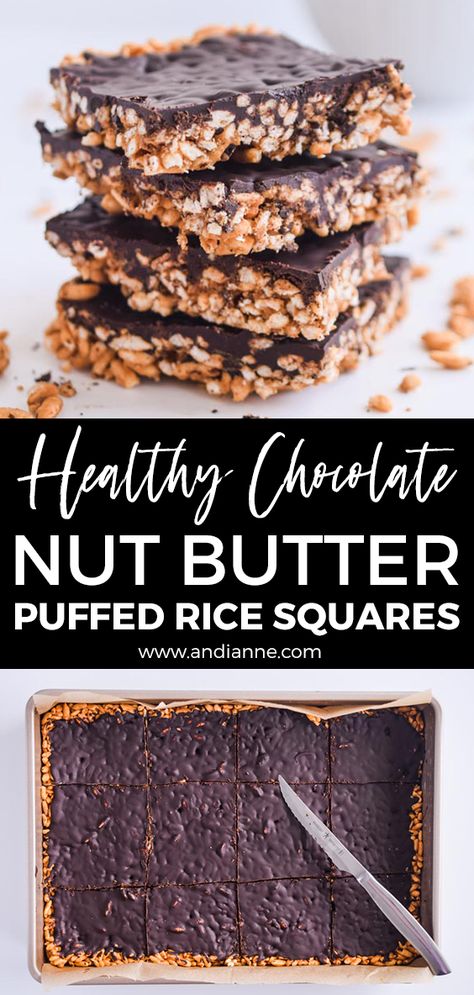 Chocolate puffed rice squares are a healthier alternative to traditional rice crispy squares. They're made with puffed rice, not rice krispies (which have a high sugar content). Puffed rice has no additional ingredients... just rice! And instead of using marshmallows to hold the bars together, we're using nut butter (high in protein) and coconut oil (high in healthy fats). #healthytreats #kidssnacks #puffedrice #chocolate Chocolate Puffed Rice Squares, Recipes With Rice Krispies Healthy, Rice Puff Recipes Healthy, Rice Puff Bars, Puffed Wheat Squares Healthy, Puffed Rice Granola Bars, Puff Wheat Recipes, Puffed Rice Cereal Recipes, Puffed Rice Balls Recipe