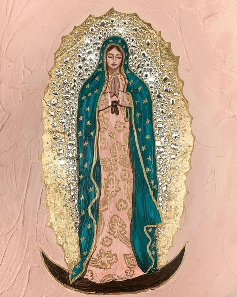 Catholic Art by Alicia Santos on Instagram: “Our Lady of Guadalupe 💗 11x14, acrylic, gold foil & crystals on canvas. So on this piece there’s $70 worth of crystals. The crystals add…” Our Lady Of Guadalupe Painting, Lady Of Guadalupe Art, Our Lady Of Guadalupe, Mexican Catholic Art, Catholic Wallpaper, Virgin Mary Art, Pagan Symbols, Virgin Of Guadalupe, Mexican Culture Art