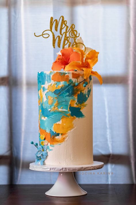 Tropical Themed Birthday Cake, Orange And Teal Cake, Colorful Wedding Cake, Orange Birthday Cake, Hawaii Cake, Teal Cake, Tropical Cake, Tropical Wedding Cake, Colorful Wedding Cakes