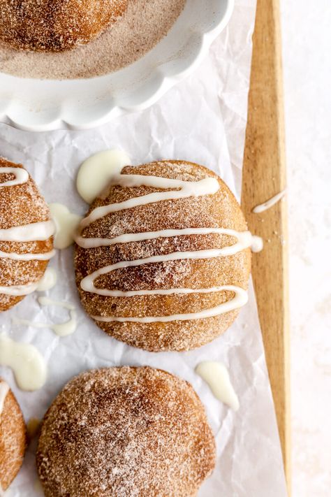 These apple cider cookies are made with apple cider, applesauce, and fall spices. They are topped with cinnamon sugar and apple cider glaze. Banana Cream Pie Cupcakes, Cider Cookies, Apple Cider Cookies, Banana Coffee Cakes, Cider Tasting, Homemade Applesauce, Desserts Vegan, Homemade Peanut Butter, Apple Cider Donuts