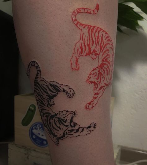 https://www.instagram.com/p/CLn-VbBpm_d/?utm_medium=share_sheet Tiger Tattoo On Knee, Red Chinese Tiger Tattoo, Tiger Tattoo Red Ink, Simplistic Tiger Tattoo, Tiger Tattoo On Thigh, Germany Tattoo, Scorpio Tattoo, Tattoo Templates, Red Tattoos