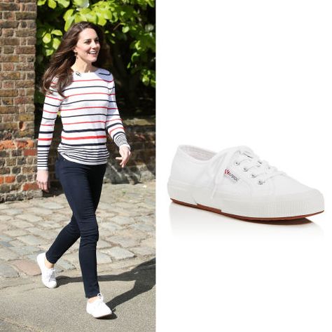 Superga 2750 Cotu Classic sneaker: The Duchess keeps it simple in these white Superga trainers. The best part? They're $65. For more beauty products Kate loves, click through! Superga Outfit, White Superga, Kate Middleton Shoes, Kate Middleton Style Outfits, Superga 2750, Beauty Inspo, Black Ripped Jeans, Kate Middleton Style, Duchess Kate