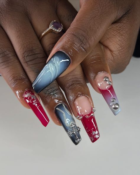 @kehlani crash inspired nails 🎱💋⛓️ these were sooo fun to do 🥰 @shopagaloreco products used: *bonding base *sangria, ultra black, baby blue *bling gel *diamond steel top coat use code ‘ALEXIA10’ at checkout 🤎 #nails #nailinspo #nailinspiration #nailart #nailartist #concertnails #kehlaninails #kehlani #crash #gelx #gelxnails #gelxinspo #gelxnailtech #gelxnailart #cltnails #cltnailtech #edgynails #metalnails #auranails Red And Baby Blue Nails, Gel Nail Ideas Winter, Nail Ideas Winter, Concert Nails, Blooming Gel, Baby Blue Nails, Edgy Nails, Inspired Nails, Kehlani