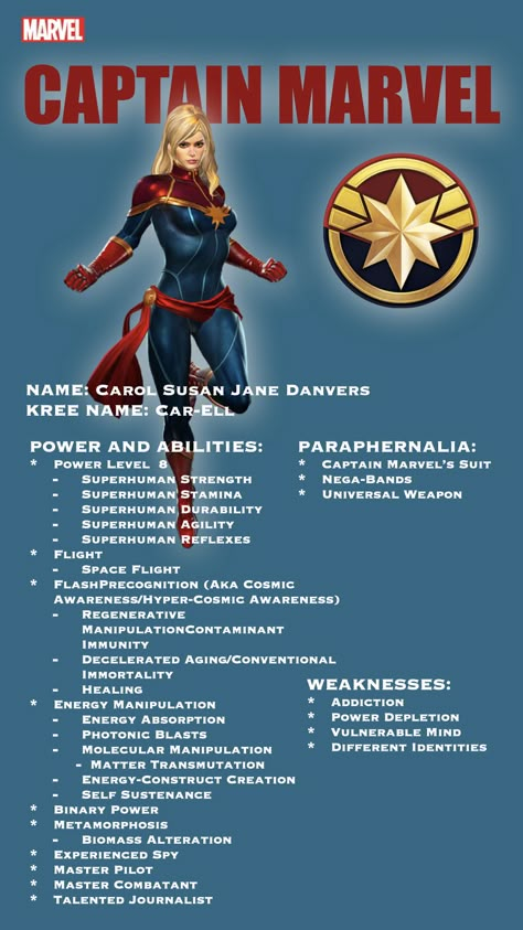 Super Powers Ideas, Captain Mar Vell, Captain Marvel Powers, Marvel Heroes Comics, Character Abilities, Marvel Names, Marvel Lights, Superhero Facts, Marvel Comics Artwork