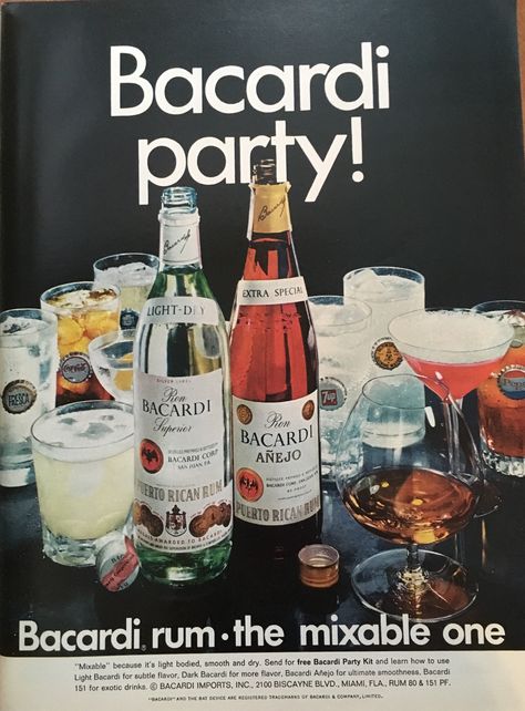 1968 print ad for Bacardi rum. Bacardi Añejo, Bacardi 151, Puerto Rican Rum, Bacardi Rum, Lavender Lemonade, Retro Advertising, Bacardi, Party Kit, Print Ad