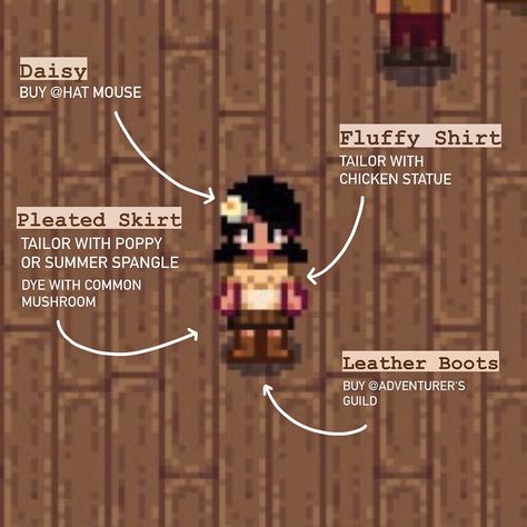 Cute Stardew Valley Character Ideas, Stardew Sewing Recipes, Stardew Outfits Ideas, Stardew Valley Sewing Machine Recipes, Stardew Valley Character Outfit Ideas, Stardew Starter Outfits, Stardew Valley Wedding Dress Recipe, Stardew Clothing Guide, Cute Stardew Valley Starter Outfits