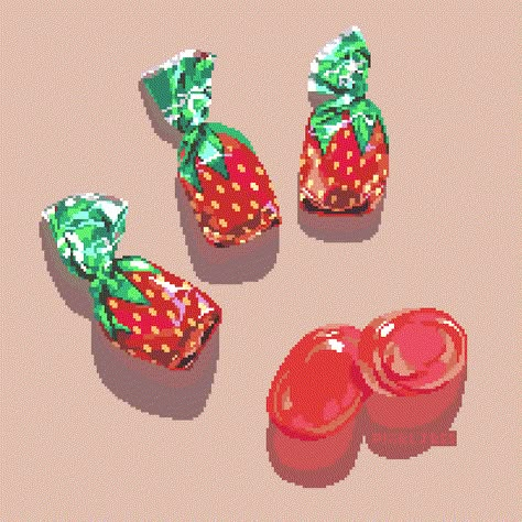 Candy Digital Art, Pixel Art Chocolate, Digital Pixel Art, Candy Reference, Peach Pixel Art, Candy Pixel Art, Strawberry Pixel Art, Pixel Candy, Grandma Candy