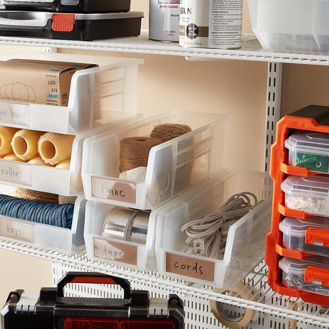 Utility Narrow Stackable Plastic Bins | The Container Store Narrow Pantry, Garage Organisation, Garage Workshop Organization, Pantry Bin, Utility Closet, Stackable Bins, Toothbrush Holders, Under Sink Storage, Garage Storage Organization