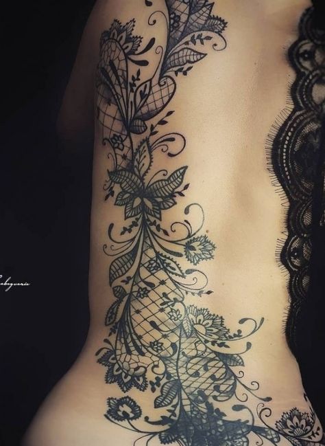 Celebrate Femininity With 50 Of The Most Beautiful Lace Tattoos You’ve Ever Seen #tattoos #tattooideas #backtattoos Lace Tattoos, Beautiful Back Tattoos, Lace Tattoo Design, Tattoos To Cover Scars, Girl Back Tattoos, Hip Tattoos Women, Inspiration Tattoos, Lace Tattoo, Symbol Tattoos