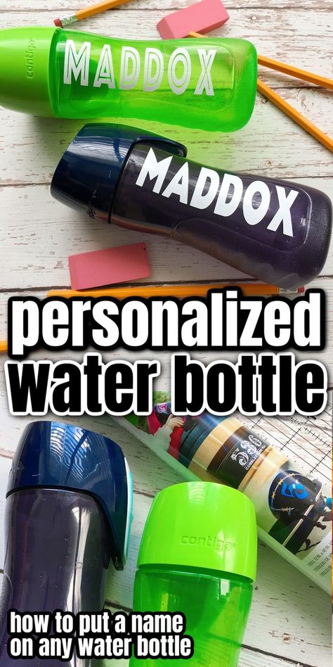 how to label kid water bottles with names that stay in the wash. step by step instructions and tricks. Names On Water Bottles Cricut, Label Water Bottle, Vinyl Water Bottle Ideas, Name On Water Bottle, Baseball Water Bottle, Diy Water Bottle Labels, Squeeze Water Bottle, Decorating Water Bottles, Customised Water Bottles