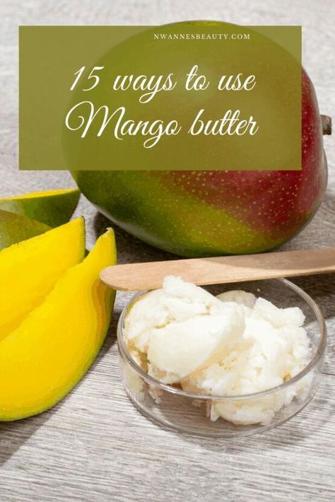 (Recipe Below)Mango butter is one of the most popular moisturizers for skin because it’s a natural, safe ingredient that feels silky smooth and smells heavenly. But did you know that mango butter also benefits hair? That means there are two great reasons to incorporate this wonder product into your beauty routine: better skin AND healthier hair!In today’s blog post, I will be sharing the benefits, how to use mango butter for both your skin and hair and more. Ready? Let’s get started!Ta… Hair Butter Recipe, Mango Butter Recipe, Mango Butter Benefits, Mango Butter For Hair, Shea Body Butter Recipe, Mango Benefits, Diy Face Moisturizer, Almond Butter Recipes, Hair Mask Recipe