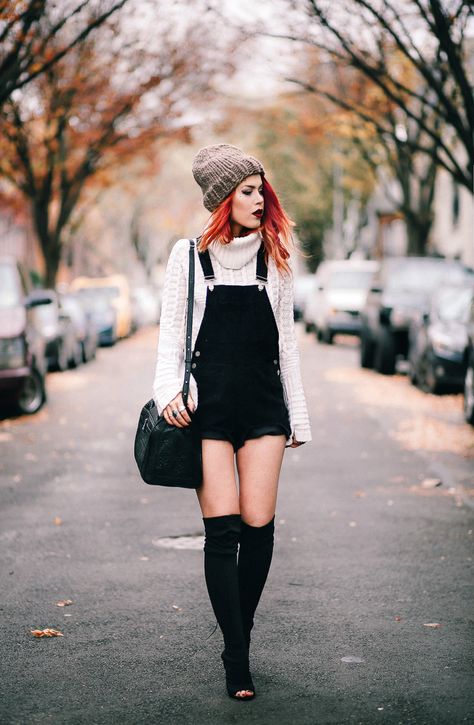 Lua of Le Happy wearing Ramy Brook sweater and ASOS overalls Moda Ulzzang, Look Grunge, Overalls Outfit, Alternative Outfits, Edgy Outfits, Looks Vintage, Grunge Fashion, Grunge Outfits, Thigh High