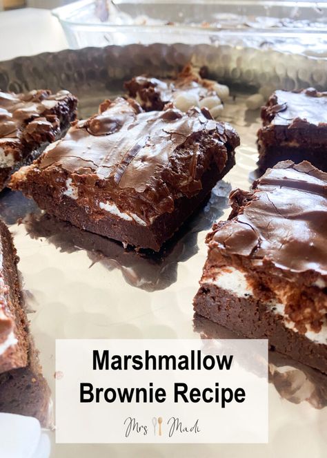 Pin this for later and bake the most delicious marshmallow brownies at home!   Click this Pin for the full recipe. This marshmallow brownie is a rich, dark chocolate brownie topped with marshmallows, so gooey and delicious! The hit of every gathering. Brownies And Marshmallows, Brownie And Marshmallow Recipes, Homemade Brownies With Marshmallow, Brownie Recipes With Marshmallows, Marshmellow Brownie Easy, Brownies With Marshmallows On Top, Marshmallow Brownies Recipe, Chocolate Marshmallow Brownies, Desserts With Marshmallows