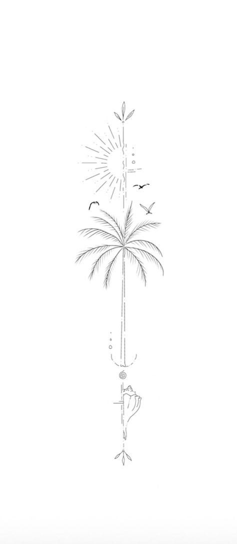 #follow #tattoos #tattooart #tattooideas #blogging #blogger #blog Beach Tattoo Linework, Vertical Travel Tattoo, Coastal Flower Tattoos, Cute Tropical Tattoos, Fine Line Palm Leaf Tattoo, Spine Tattoos Travel, Delicate Hawaiian Tattoo, Ocean Spinal Tattoo, Vertical Ocean Tattoo