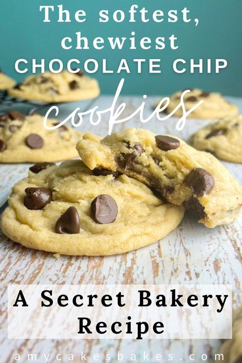 A closeup of super soft and chewy chocolate chip cookies, one with a bite taken out.  The words "the softest, chewiest chocolate chip cookies" and "a secret bakery recipe", and "amycakesbakes.com" Amycakes Bakery, Professional Recipes, Everyday Cookies, Micro Bakery, Bakery Chocolate Chip Cookies, Monster Cookies Recipe, Baking Chocolate, Recipes Cookies, Amazing Desserts