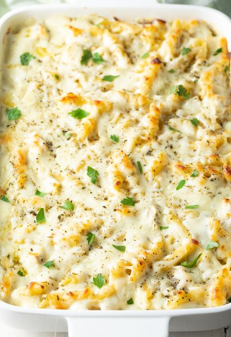 Cheesy Chicken Alfredo Pasta Bake - This comforting dish is loaded with creamy Italian cheeses and precooked chicken for an easy recipe that's perfect to enjoy on a busy weeknight, or for making ahead and freezing! #chickenalfredo #chickenalfredopasta #chickenalfredocasserole #chickenalfredobake #bakedchickenalfredo #easyweeknightmeals #makeahead #makeandfreeze #aspicyperspective Make Ahead Dinners Chicken, Precooked Dinner Ideas, Cheesy Chicken Alfredo Bake, Cheesy Chicken Alfredo Pasta Bake, Recipes Using Precooked Chicken, Make Ahead Chicken Alfredo, Make Ahead Italian Dishes, Cheesy Chicken Pasta Bake, Precooked Chicken Recipes Easy