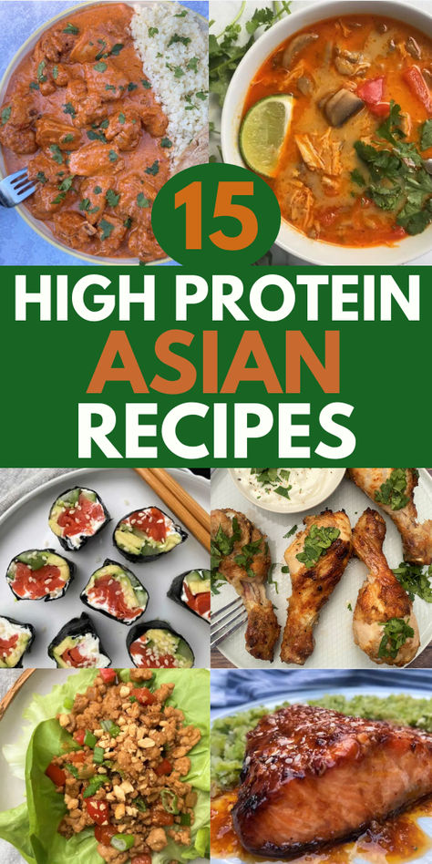 Images of high protein chicken tikka masala, thai curry soup, sushi, tandoori, soy sauce salmon, chicken lettuce wraps. High Protein Low Carb Asian Recipes, High Protein Asian Meal Prep, High Protein Asian Recipes, Keto Indian Recipes, Keto Indian Food, Easy Chicken Tikka Masala, Keto Sheet Pan, Vegetarian Asian, Recipes High Protein