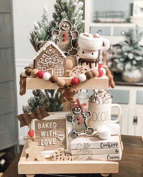 20 Of The Cutest Christmas Tiered Trays For Holiday Decor Inspiration - Mama Bear Wooten Christmas Teared Tray, Classy Gingerbread Decorations, Tired Trays, Gingerbread Cookies Christmas, Gingerbread Kitchen, Tray Decor Christmas, Tier Trays, Gingerbread Christmas Decor, Christmas Tray