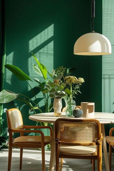 5 Tips for Adding Green to Your Dining Room Green Dining Room Aesthetic, Dark Green Dining Room, Green Dining Rooms, Teal Dining Room, Dining Room Color Palette, Dining Room Teal, Dining Room Paint Colors, Green Dining Room, Green Drapes