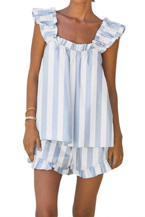 PRICES MAY VARY. Material: This ruffle pajama set for women is made from high-quality soft cotton fabric, lightweight, breathable, and gentle on the skin, ensuring a comfortable and luxurious feel Features: Cute tank top, elasticated panel at back, double-layer ruffle strap, elastic ruffle square neckline, sleeveless, backless. Elastic waist shorts with side ruffle detail. Striped/plaid design Match: Pair this summer lounge set with your favorite slippers or sandals for a cozy night in or a casu Tank Tops And Shorts, Pieces Clothes, Summer Pajamas Women, Tops And Shorts, Summer Pajama Set, Summer Shorts Outfits, Set Outfits, Plaid Outfits, Summer Pajamas