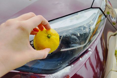 How To Quickly Clean Headlights with Lemon and Baking Soda How To Clean Headlights On A Car Diy, Head Light Cleaner Diy, Foggy Headlights Cleaning, Clean Headlights On Car Diy, Clean Headlights On Car, Headlight Cleaner Diy, Cleaning Headlights, Headlight Restoration Diy, Yellow Headlights