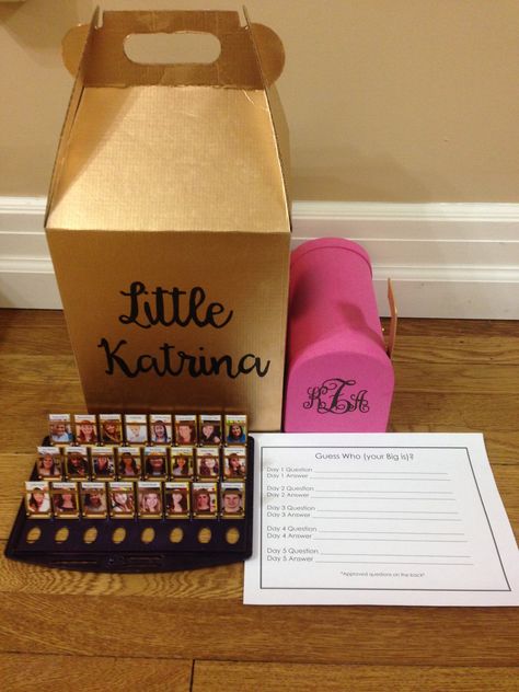 The complete set up for my little's clue week boxes.  Big, Little, Dphie, Delta, Phi, Epsilon, Sorority, Craft, Clue, Week, Box Big Box Craft Ideas, Sorority Clue Week Ideas, Sorority Clue Week, Big Little Hint Ideas, Big/little Baskets, Alpha Omega Epsilon, Little Gifts Sorority, Big Little Basket, Theta Phi Alpha