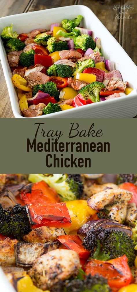 Chicken Tray Bake Recipes, Mediterranean Diet Chicken, Entree Ideas, Mediterranean Chicken Recipes, Sprouts Recipes, Chicken Tray Bake, Baking Recipes Healthy, Tray Bake Recipes, Vegetable Tray